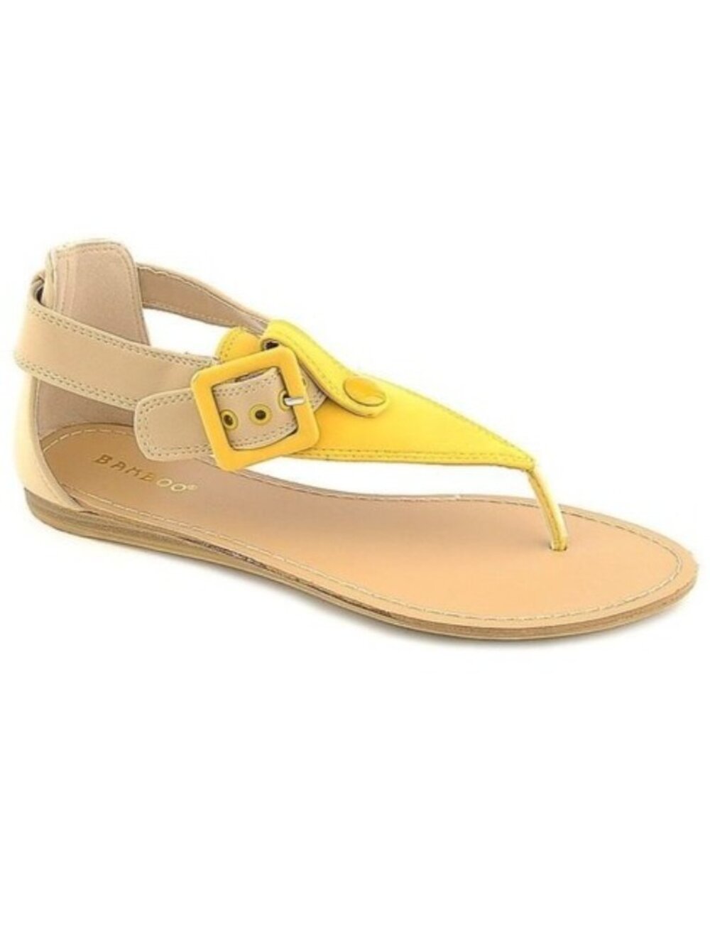 NEW Bamboo Yellow Two Tone Chunky Buckle Summer Thong Sandals Flats Vacay‎ Beach